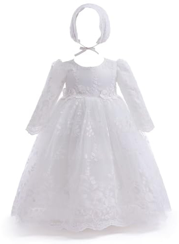 Leideur Robe de Baptême pour Bébé Fille Longue Robe de Bénédiction Blanc Mariage Formel Robes pour nouveau-né (Blanc 1, 12 Mois)