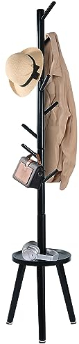 Yawinhe Garderobenständer, Kleiderständer aus Massivholz, Garderobe in Baumform mit Anti-Rutsch-Pad und Beistelltisch, 8 Haken, 3 verstellbare Höhen, 182cm Höhe, für Eingänge,Wohnzimmer, Schwarz