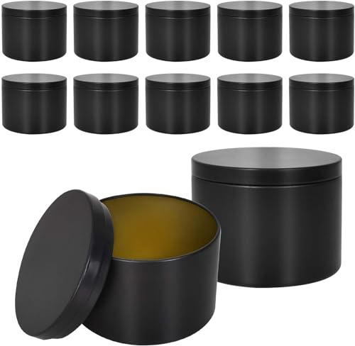 volumoon 12 Piezas Negra Lata para Velas, Vacíos Contenedores de Velas, Recipiente de Latas de Metal con Tapas, Envase para Velas, Mini Tarros de 8 Oz, Tarros Metálicos Vacíos para Hacer Velas