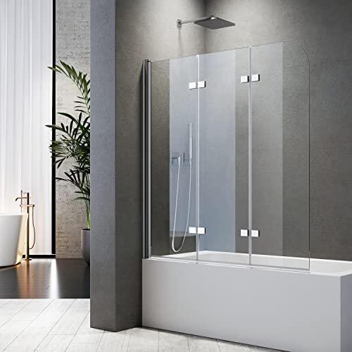 Badewanne Duschwand 140 x 140 cm Duschwand für Badewanne 3-teilig Badewannenfaltwand 3 teilig Hergestellt aus 6 mm starkem Sicherheitsglas,Sicher und Zuverlässig