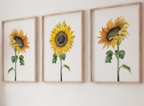 Eviepops Prints Sunflowers Wall Art Set of 3 Unframed Prints, Plant Home Decor, Living Room Bedroom Poster Home Decor, Yellow and Green (A2)
