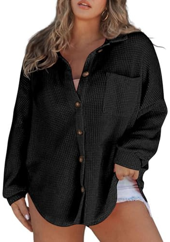 Eytino Womens Plus Size Waffle Knit Shacket Jacket Casual Long Sleeve Button Down Dressy Blouses Shirts Tops,3X Black