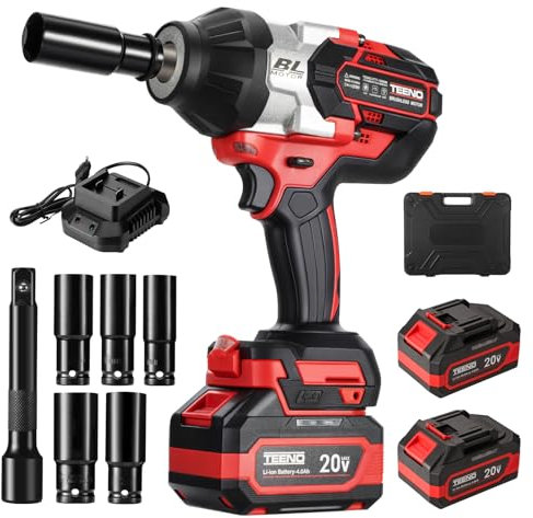 TEENO Llave de Impacto Inalámbrica,Brushless 1/2 1300Nm Pistola de Impacto Eléctrica Batería 2 * 4000mAh,Cargador rápido, 5 Enchufes, con Luz Lled, Para el Coche y el Hogar