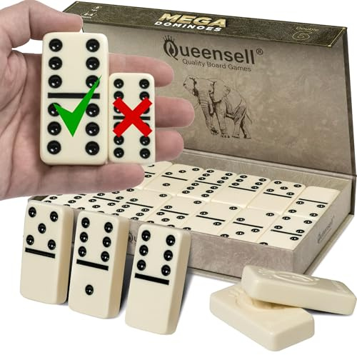 Queensell Set de Dominos Méga Large de 7,6 cm pour Adultes et Enfants – Dominos Double 6, Jeu de Société Classique – Set Double Six de 28 Pièces avec Étui Cadeau, Jeux de Société