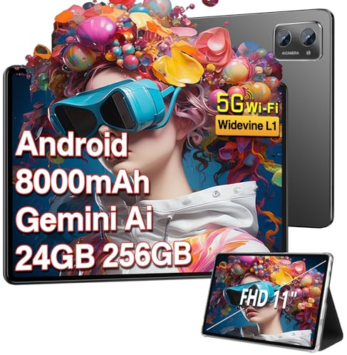 SUAAT Tablets Android 24GB RAM+256GB ROM(2TB TF),tablets 11 Pollici,Octa-Core,2.0Ghz, WiFi5G+2.4G, GPS,8000 mAh, 5MP + 13MP,Bluetooth5.0,Widevine L1,Cast, Tablet PC con Custodia,Nero