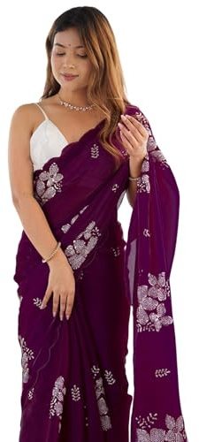 Satrani Women's Shimmer Chiffon Sequin Embroidery Sari with Unhemmed Blouse Part, wine red, One size