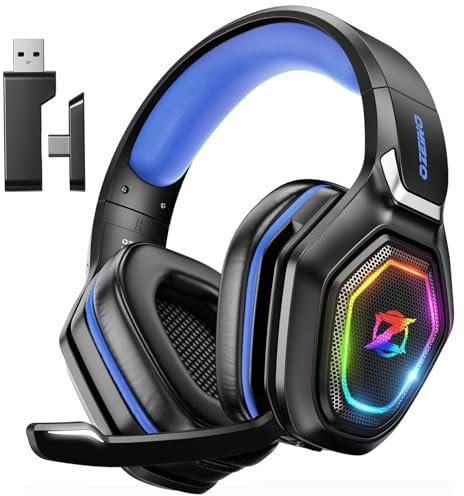 Ozeino Casque Gaming sans Fil pour PC PS5 PS4, 2.4GHz Audio sans Perte, USB & Type-C Casque de Jeu Ultra Stable avec Batterie 40 Heures pour Switch Laptop Mobile Mac(Bleu)