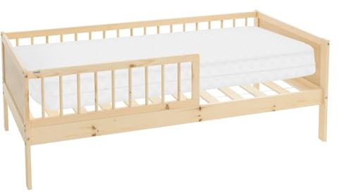 ML-Design Kinderbett 80x160 cm mit Matratze, Natur, Einzelbett für Kinder mit Lattenrost und Rausfallschutz, Jugendbett aus Kiefernholz, Holzbett, Bettgestell für Jungen & Mädchen, Massivholz Babybett