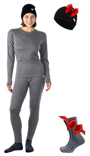 Merino.Tech 100% Vetement Femme Ensemble Laine Merinos + Chaussettes | Sous Couche Merinos Léger, Moyen, Épais, Respirant, Anti-Odeur Naturel, Idéal pour la Randonnée, Ski, Voyage, Non-Irritant