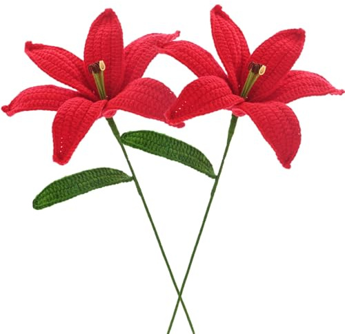M METERXITY 2-Pack Crochet Flowers, Knitted Artificial Wool Lily for Mother's Day/Wedding/Birthday/DIY Decor, Handmade Knitted Flowers [Red]