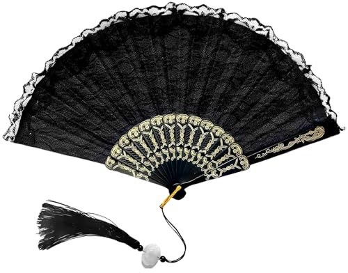 GWAWG Ventilatore a Mano Pieghevole in Pizzo Nero Con Pendente, Ventilatori Eleganti Tenuti a Mano, Ventilatore a Mano Pieghevole per Decorazioni Domestiche Regalo Festival, Matrimonio, Festa.
