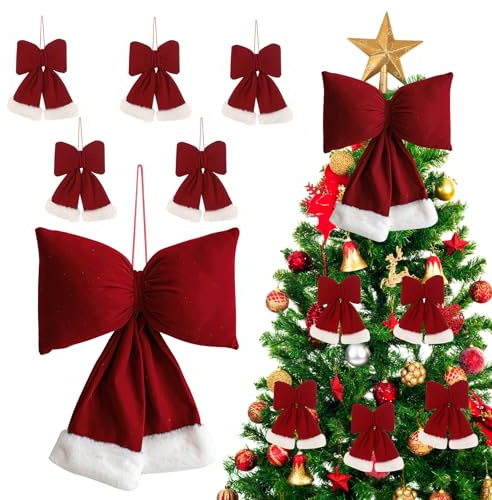 ZoneYan Fiocco di Natale Rosso, 6 Pezzi Fiocchi per Albero di Natale Rossi, Bowknot di Natale Decorazione, Fiocco Albero di Natale Grande, Ornamenti di Fiocco di Nastro di Natale