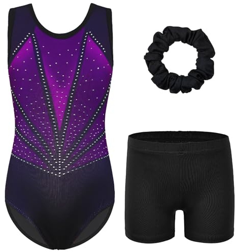 ZNYUNE Fille Justaucorps Gymnastique Couleur Dégradé avec short et bandeau pour filles 3 à 16 ans B381 BlackPurple 16A