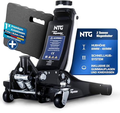 NTG Cric hydraulique plat 3T (hauteur de levage de 85 à 485 mm) avec coussin de genoux, 2 supports avec double cylindre, cric professionnel, 3000 kg, pour SUV et voitures surbaissées, voiture
