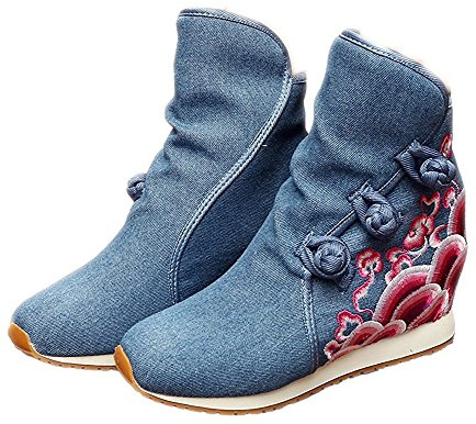Lazutom Bottines compensées confortables de style chinois pour femme - Bleu - bleu, 37 EU