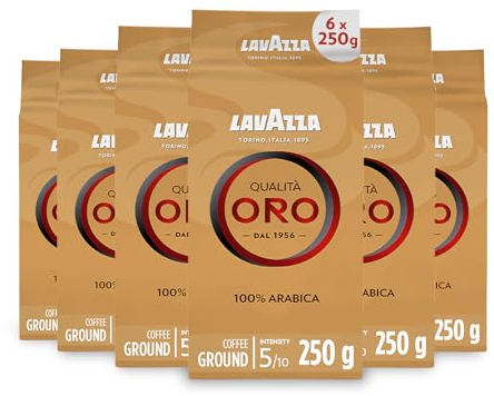 Lavazza, Qualità Oro, Ground Coffee, 6 Packs of 250 g, Ideal for Moka Pot, Filtered Coffee and French Press, with Aromatic Notes of Fruit and Flowers, 100% Arabica, Intensity 5/10, Medium Roast