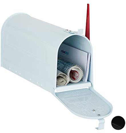 relaxdays Buzón Americano Vintage Original, Bandera Roja, US Mailbox Exterior, Acero, 1 Ud, 25x19x52,5 cm, Blanco