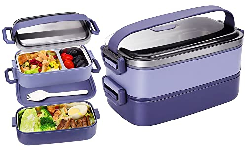 JUBOSYCZ Stainless Steel Bento Box for Adults&Kids,Japanese Leakproof Lunch Box Divided Food Meal Storage Containers Set Stackable 2 Layer for Children School Picnic Blue