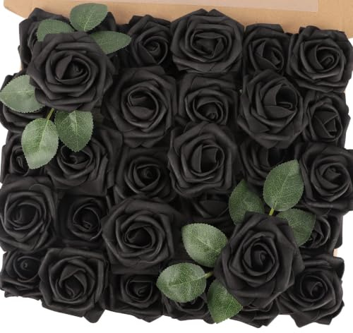 N&T NIETING Artificial Roses Flowers, 30Pcs Real Touch Foam Roses, Black | Fake Flowers for DIY Wedding Bridal Bouquets Baby Shower Party Mother's Day Valentine's Day Home Decorations