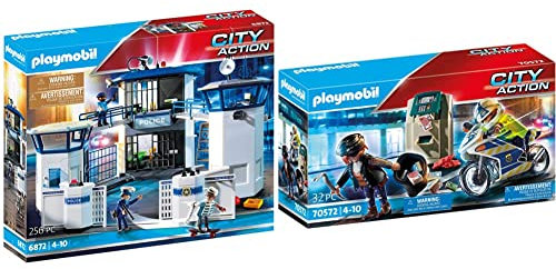 PLAYMOBIL City Action 6872 Polizeistation mit Gefängnis, Ab 5 Jahren & City Action 70572 Polizei-Motorrad: Verfolgung des Geldräubers, Für Kinder von 4 - 10 Jahre