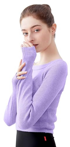 Daydance Purple Kint Women Dance Sweater Boat Neck Ballet Warm Up Crop Top for with Thumb Holes, Long Sleeve