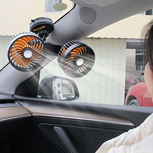 Demiawaking 12V 24V Auto Ventilator, USB Auto Kühler Lüfter mit Saugnapf, Doppelkopf 360-Grad-Drehung, 3 Gang Geschwindigkeiten Ventilator für Auto LKW (12V/24V)