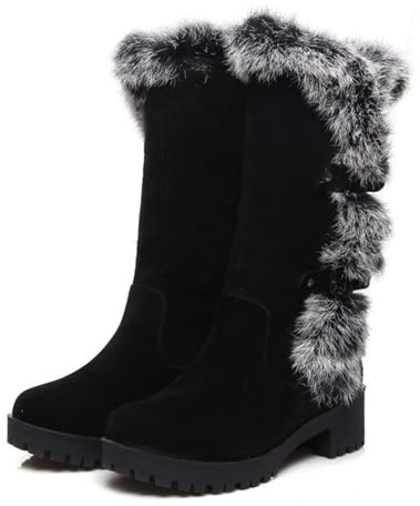 DEVILEYEZE Women's Mid-Calf Winter Platform Hidden Wedge Boots Slip-on Thick Rabbit Fur Collar Warm Waterproof Stretch Leather Non-slip Snow Boot (suede black,8.5,8.5,Women)