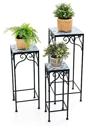 HOMASIS 3er Set Mosaik Beistelltisch Blumentreppe, vintage Pflanzenständer Blumenständer Blumenregal mit Mosaikplatte, runder Mosaiktisch Metall, Blumenhocker für Zuhause Garten Balkon (Quadra,Blau)