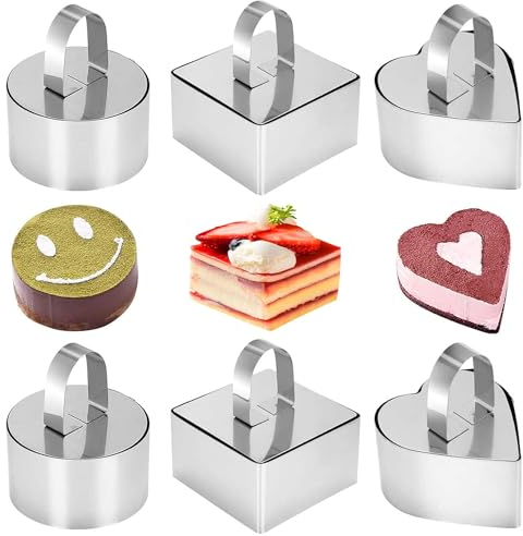 Whcctl 6 Pezzi Anello per Torte, 8cm Coppapasta Tondi, Anelli da Dessert Quadrati, Anelli da Dessert a Forma di Cuore, Acciaio Inossidabile Anello per Torte, per DIY Torte Mousse Dessert Biscotti