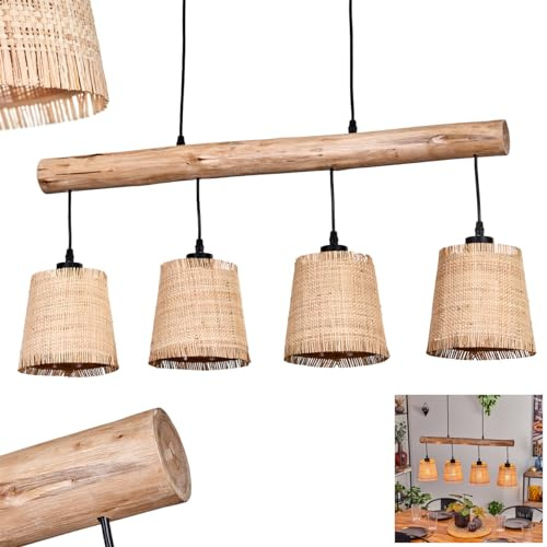 Soungou Pendant Light, Modern Pendant lamp Made of Wood/Metal/Bast in Natural/Black/Beige, 4-Light Pendant Light in Scandinavian Design, Height max. 135 cm, 4 x E27, Without Bulbs