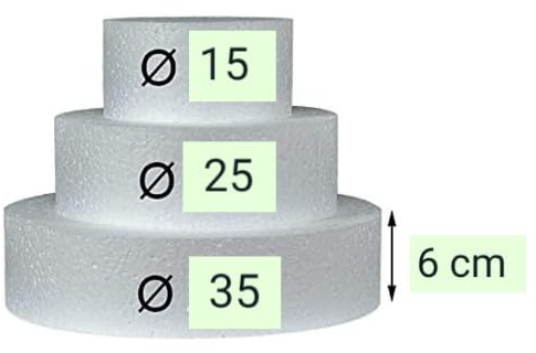 Torta Finta a 3 Piani in Polistirolo - Base per Torte Decorative Compleanno, Matrimonio, Eventi - Diametro 35, 25, 15 cm, Altezza 6 o 10 cm per Piano