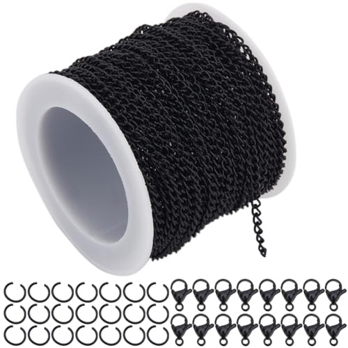 SOFPLATE 33 Piedi/10m Maglie di Catena A Maglie Da 3mm Catena A Maglie di Ferro Nera Cavo di Ferro Catena A Maglie Ovali con Bobina e 20 Pezzi di Chiusure per Aragosta e 50 Pezzi di Anelli di Salto Br
