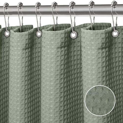 FIISAYL Waffle Tenda Doccia Tenda Vasca da Bagno Rigida Tessuto in Poliestere Lavabile in Lavatrice con 12 Anelli Impermeabile 90 x 183 cm(Verde)
