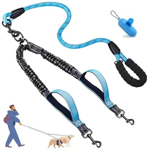 Blanlody Double Dog Lead for Walking 2 Dogs No Tangle, Reflective Bungee Split Lead with 360°Swivel Rotation,Two Padded Handles and Waste Bags for Walking and Traning