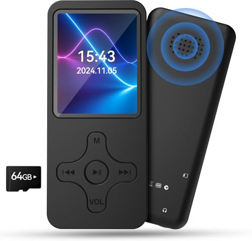 Gueray MP3 Player Bluetooth mit 64GB TF-Karte Musik Abspielen Gerät Abspielgerät für Musik mit Lautsprecher Unterstützt FM-Radio Rekorder Alarm Video E-Book Bilder TF-Karte bis zu 128GB Schwarz