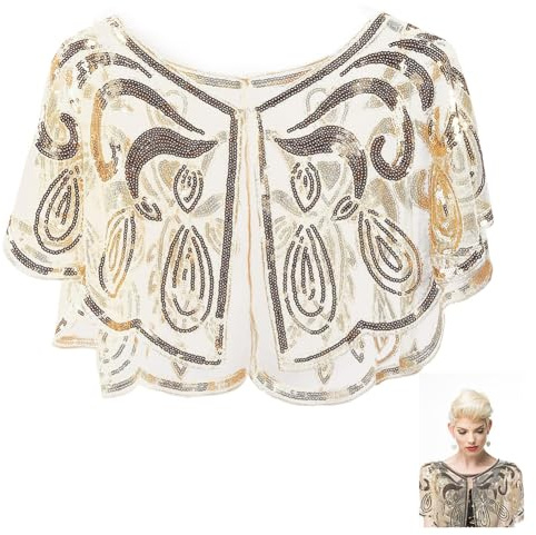 CABODYALS Châle à Paillettes Perles Dorée Années 1920 Cape Boléro en Mousseline de Soie Ouverte Écharpe Étole Couverture Rétro Élégant pour Femme Flapper Robe de Mariée Mariage Fête Soirée Accessoires