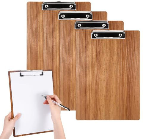 4 Stück Klemmbrett A4, Bürohelfer Klemmmappe aus Holz, Klemmbretter set mit Metallclip, für Arbeit Zeichnen, Clipboard, Schreibplattel, Business, Baustelle(Kirschholz)