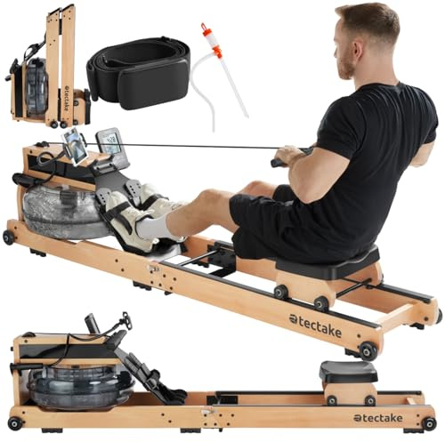 tectake® Maquina de Remo de Madera Plegable, Bluetooth y Pantalla LCD para Ejercicio en casa Completo y Silencioso, Gimnasio en Casa, Maquina Remo - 195 x 51,5 x 44,5 cm