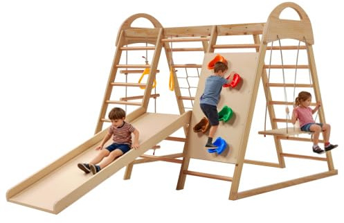 7 en 1 Aire de Jeux Interieur, Bois Massif Structure d'escalade, avec Balançoire, Toboggan, Filet à Grimper, Mur d'escalade, Anneaux Gymnastique, et Échelles, 3+ Ans, Charge de 50 kg (Naturel)