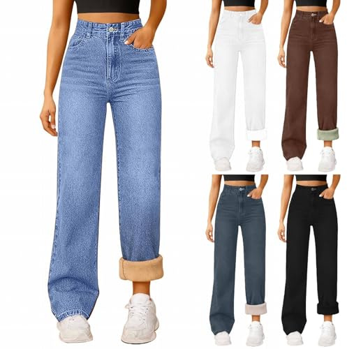 Jean Doublé Polaire Femme Taille Haute Stretch Pantalon en Denim Thermique Jeans Hiver Chaud à Jambes Larges Jean Fourré Femme Coupe Ample Grande Taille Slim Jegging Décontracté Trousers S-5XL