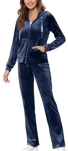 MessBebe Survêtement pour femme - Survêtement de jogging en velours - 2 pièces - Veste à capuche - Manches longues - Fermeture éclair - Pantalon de sport long pour le printemps, bleu marine, S
