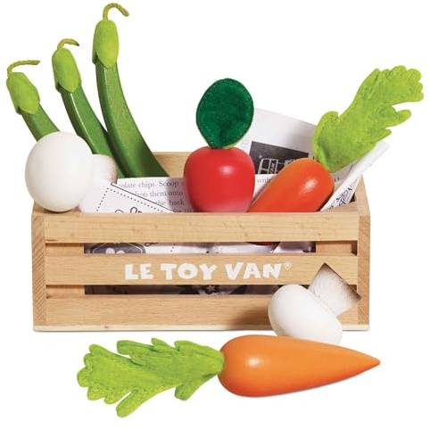 Le Toy Van - Wooden Honeybee Market Vegetables '5 a Day' Crate | Fun Role Play Supermarket Pretend Play Shop Food | Great Gift for Boys Or Girls, Harvest Vegetables Crate (TV182)