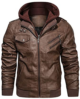HOOD CREW Men’s Casual Stand Collar PU Faux Leather Zip-Up Motorcycle Bomber Jacket With a Removable Hood Brown M