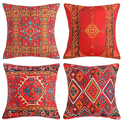 Boho Cushion Covers 45 x 45 Red Ethnic Outdoor Decorative Pillow Covers Vintage Oriental Carpet Tribal Square Pillowcases Linen Throw Pillow Case 18x18 inch Set of 4 for Sofa Couch Bedroom Livingroom