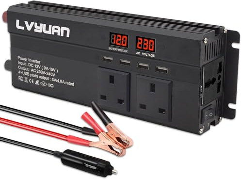 LVYUAN Power Inverter 1200/2500 W DC 12V to 240V AC Car Converter with 4 USB, 3 UK Sockets, Dual LED Display and Fan, Car Adapter, Black