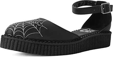 T.U.K. Black TUKskin Pointed Spiderweb Glow Sandals for Women, Low Platform Creeper Sandal, Gothic Punk Retro Alternative Fashion Footwear