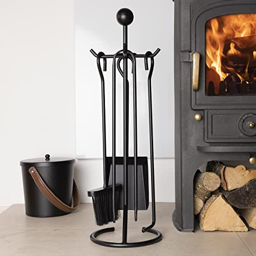 Charles Bentley Snug Cedar Fireside Companion Set with Poker Tongs Coal Shovel Brush Tool Stand Iron Matte Black Finish