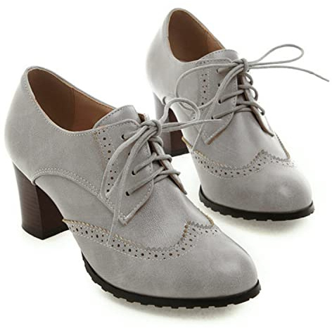 bbruriy Zapatos de Cuero pequeños Vintage para Mujer, Zapatos Lolita clásicos con Cordones, tacón Medio Grueso, Zapatos Oxford con Punta Redonda, Zapatos de tacón para Fiesta,Gris,39