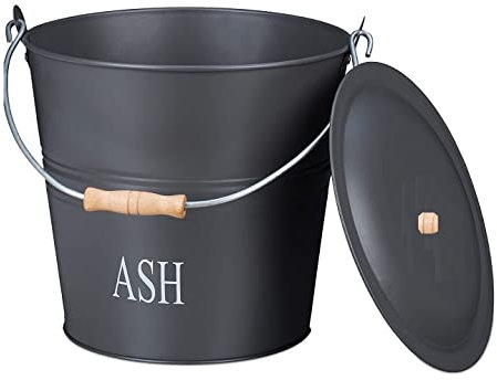 Optimal Products Fireside Black Iron Coal Bucket Coal Hod Shuttle Log Fireplace Wood Ash Storage UK (Ash Bucket with Lid)