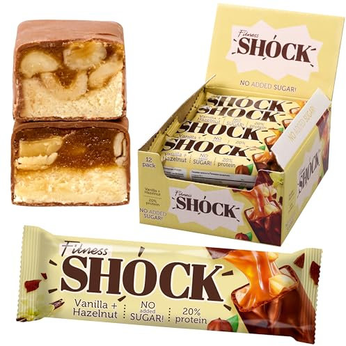 Fitnesshock Protein Bars Low Carb, High Protein Chocolate Bar – No Sugar Added, Rich Fiber Content, Palm Oil Free | Hazelnut Vanilla | 12x50g